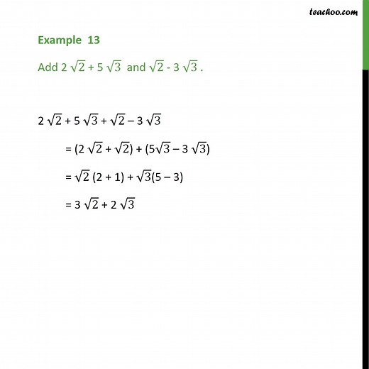 Example 12 - Add 2 root2   5 root3 and root2 - 3 root3 - Examples