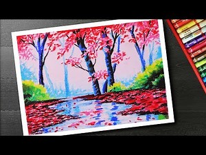 How to draw Spring season landscape drawing and painting with cherry blossom tree step by step
