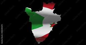 Burundi country map outline with national flag animation. Alpha channel footage