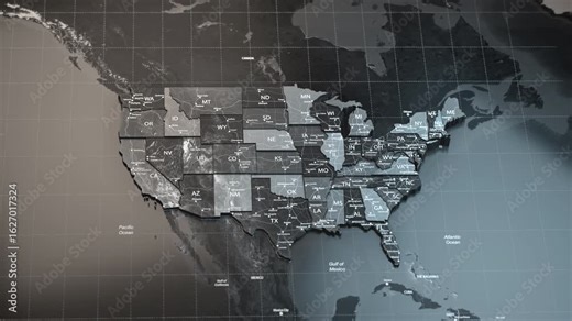 Map of USA Unites States of America with country regions outlines.