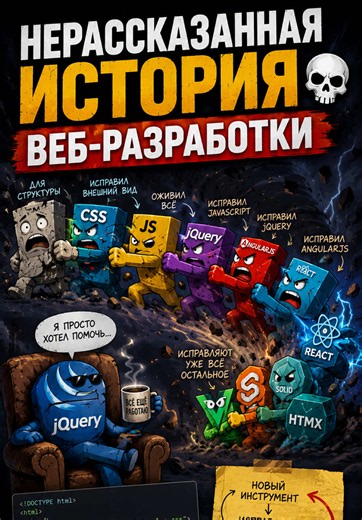 Нерассказанная история веб-разработки 💀 HTML придумали для сайтов. CSS — чтобы исправить внешний вид HTML. JavaScript — чтобы оживить HTML и CSS. jQuery — чтобы исправить JavaScript. AngularJS — чтобы исправить jQuery. React — чтобы исправить AngularJS. Vue, Svelte, Solid и HTMX — чтобы исправлять уже всё остальное. А самое смешное — jQuery всё ещё жив. Веб-разработка — это бесконечный цикл: “мы придумали новый инструмент, чтобы исправить старый”. 📬 Telegram: https://t.me/zargo_it Спасибо Fire