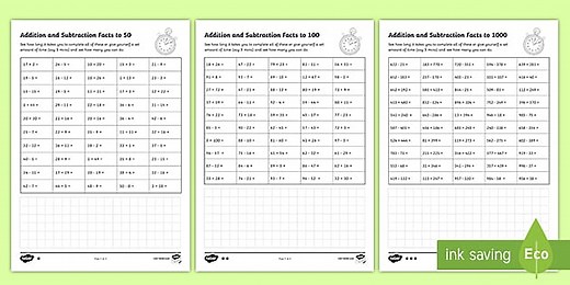 Addition and Subtraction Facts to 50 100 1000 Speed Test Worksheets