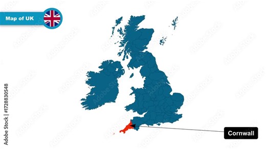 Cornwall Map Video, UK map, Political Map of United Kingdom, with all states, national flag and borders, travel, education, geography, and global studies.