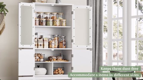 HOSTACK 67” Tall Kitchen Pantry Cabinet, Bathroom Storage Cabinet with Glass Doors and Shelves, Freestanding Floor Cupboard for Bathroom, Living Room, Home Office, White