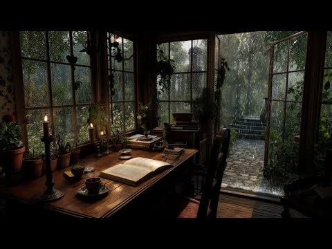 Vintage Library Ambience: Pouring Rain, Lush Plants & Soft Glow for Deep Relaxation