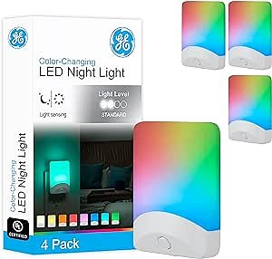 GE Color Changing LED Night Light for Kids, Dusk to Dawn Sensor, Home Decor Apartment Essentials, Wall Lights for Bedroom, Ambient Lighting, Nightlights Plug in, 50860, 4-Pack