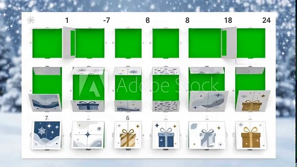Illustrated Seasonal Graphics with christmas advent calendar window reveals to green screen 24 windows animate open chroma distortion, overlay, glitch, static noise, scan lines on black background, 4k
