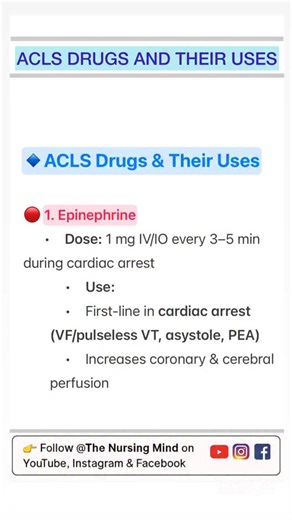 ⚡ “ACLS Drugs – Lifesaving in a Code Blue! 💉🫀 Know your Epinephrine, Amiodarone, Atropine & Adenosine – Because every second counts when the heart stops!” #ACLS #CodeBlue #CriticalCareNursing #NursingStudents #MedicalEducation #EmergencyCare #LifeSupport #NursingExam #NursingPreparation #NursingStudy #NursingRevision #NursingNotes #NursingMind #NursingTips #NursingKnowledge #NursingSuccess #NursingGoals | The Nursing Mind