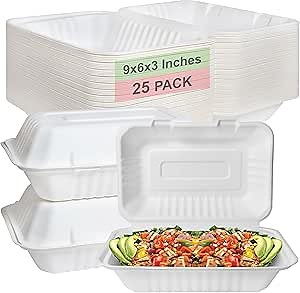 Compostable Rectangular Hinged Clamshell Take Out Food Containers 9x6x3,Heavy Duty Quality Disposable to go Containers, Single Compartment Eco-Friendly Takeout Box, Restaurants, Food Trucks (25)