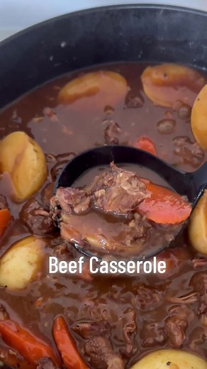 Beef Casserole with potatoes and carrots - perfectly cooked, fall-apart beef cooked in a rich gravy with potatoes and carrots. The perfect comforting one pan dinner for this long weekend! Save this one for your next cozy night in, I’m obsessed! Ingredients - serves 6 800g chuck beef steak, cut into bite sized pieces 2 tsp salt 1 tsp freshly cracked black pepper 2 tbsp olive oil 2 brown onion, finely diced 1 tbsp garlic, roughly chopped 1 tbsp tomato paste 1/4 cup flour 1 cup dry red wine 4 cups 
