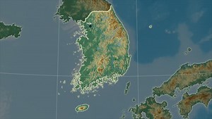 The South Korea area map in the Azimuthal Equidistant projection. Layers of main cities, capital, administrative borders and graticule. Relief map