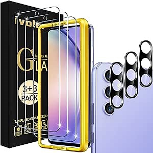 ivoler [3+3 Pack Screen Protector for Samsung Galaxy A54 5G 6.4" 2023 with [3 Pack] Camera Lens Protector Tempered Glass with [Alignment Frame] Transparent HD Clear Anti-Scratch, 6.4 inch