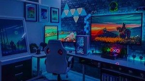 Stunning Gaming Setup with Dual Monitors and Ambiance