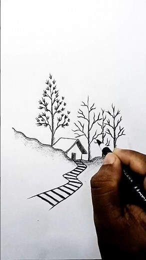 🍂 Easy Autumn Landscape Scenery Drawing | Step-by-Step Pencil Sketch Tutorial for Beginners