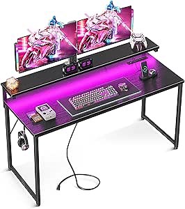 Amazon.com: AODK Computer Desk, 55 Inch Gaming Desk with LED Lights and Power Outlet, Office Desk with Adjustable Monitor Shelf (3 Heights), Computer Table Work Desk for Home/Bedroom, Black : Home & Kitchen