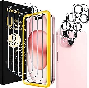 ivoler 3-Piece Tempered Glass Screen Protector for iPhone 15 6.1 Inch with 3 Pieces Rear Camera Protector, Easy Installation Tool, 9H Hardness, Anti-Scratch, Bubble-Free