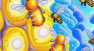 honey bees zooming with honey and blue clouds in the sky 2D illustrated animation insect Stock Video