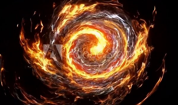 Fiery vortex of swirling flames and sparks in dynamic motion with bright glowing center and intense orange yellow colors for high energy visual impact