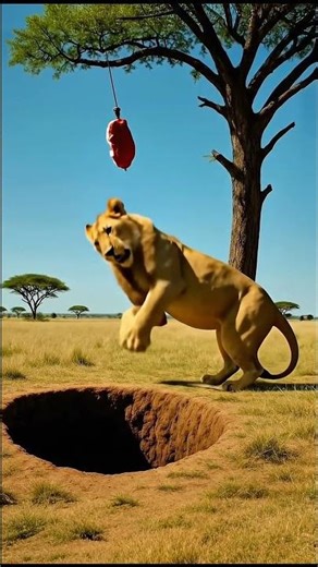 Athletic lioness fails jump over a deep pit #Lion #Fail