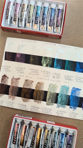Wet Paint on Instagram: "NEW from @holbeinartistmaterials ! ✨ The fabulous CHROMA sets are HERE! ✨ Just in time for the holiday season, we've got two shiny new 8-color 5ml watercolor sets: Chroma Pearl (top row-sparkly) and Chroma Shine (bottom row-metallic). Both sets include a nice range of colors that will work on both white or black paper, but the Chroma Pearl paints really pop on black! These colors are formulated like your other artist watercolors, so you can easily mix them into your alre