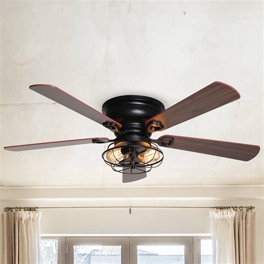 Parrot Uncle 48 Inch Industrial Indoor Flush Mount Ceiling Fan with Light Kit and Remote Control, Black, Reversible Airflow, 5 Blades