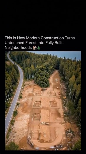 Dailymotives4u on Instagram: "What looks like untouched wilderness can turn into a fully livable neighborhood in a matter of months This timelapse captures the real process of modern residential construction, starting with land clearing and grading, followed by precise foundation layouts, utility trenching, road placement, and structural framing. Each home is positioned according to drainage flow, access roads, and infrastructure efficiency, not aesthetics first. Power, water, sewage, and founda
