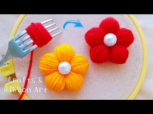 Super Easy Woolen Craft Ideas with Fork - DIY Woolen Flowers - Hand Embroidery Amazing Trick