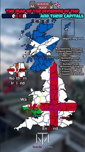 The map of the divisions of the United Kingdom and their capitals