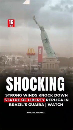 WorldInLast24Hrs on Instagram: "A large replica of the Statue of Liberty in Guaíba, Brazil fell over after strong winds hit the region. The statue stood in front of a Havan store, a popular Brazilian retail chain, and was part of the store’s tall decorative structure. Strong gusts of wind — over 90 km/h (56 mph) — struck the area during a severe storm, and the statue could not withstand the force, causing it to topple from its base. The statue section that fell was about 24 meters tall, and it w