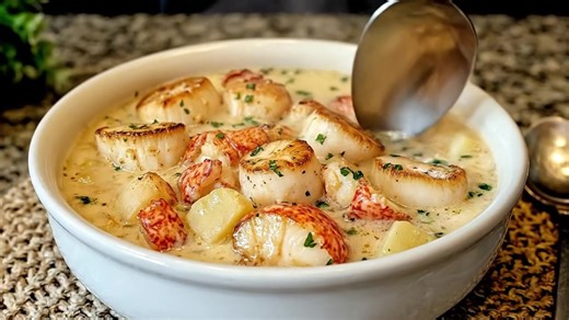 🦞🥣 Creamy Lobster & Scallop Seafood Chowder “This chowder is unbelievably rich, silky, and restaurant-level delicious! My family thought I ordered it from a fancy seafood place.” ⭐ Ingredients Seafood: • 1/2 lb chopped lobster meat (claw or tail) • 1 lb sea scallops, patted dry • 2 tbsp butter • 1 tbsp olive oil Soup Base: • 1 medium onion, finely diced • 2 garlic cloves, minced • 2 medium potatoes, peeled & cubed • 3 cups seafood or chicken broth • 1 cup heavy cream • 1 cup whole milk • 1 tsp