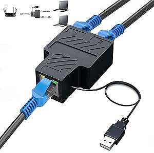 100Mbps Ethernet Splitter - 1 in 2 Out, Supports Cat5/5e/6/7/8 Cables, USB Powered, Enables 2 Devices Simultaneous Networking