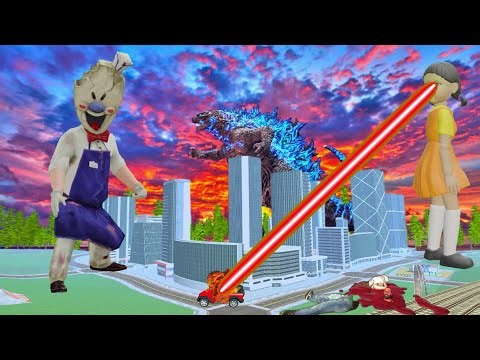 Godzilla, Ice cream rod and squid game doll attack on Franklin City in Indian bike driving 3d