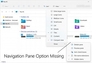 Windows 11 File Explorer Bug, Navigation Pane Option Disappears from Toolbar Menu