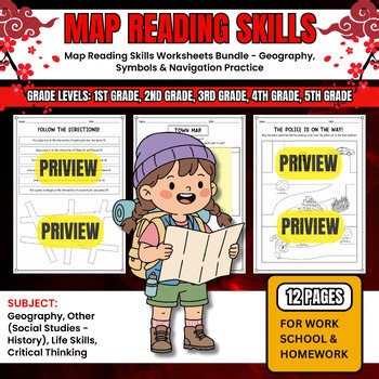 Map Reading Skills Worksheets Bundle - Geography, Symbols & Navigation Practice