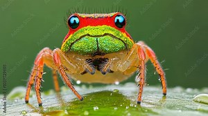 A colorful jumping spider with large eyes perches on a green leaf