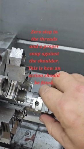 Fitting an action to a barrel. Threading the tenon in a True Bore Alignment System.