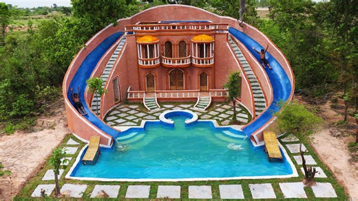 Magical Twin Water Slides and Underground Pool Built by Bare Hand More Exciting Than Resorts