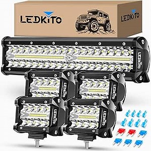 12 Inch LED Light Bar and 4PCS 4 Inch LED Pod Lights Off Road Driving Fog Lights Set Triple Row Spot Flood Combo Lights Bar Cube Light Pods for Je-ep Truck UTV ATV Golf Cart Boat