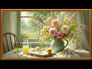 Beautiful Spring Morning with Piano Music & Birdsong | Gold Frame TV Art Screensaver 4K
