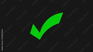 Green check mark on transparent background. Check mark symbol animation video, right check mark animation.