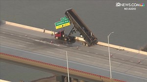 32K views · 168 reactions | This isn't something you see every day. A boom truck struck a sign while driving on the Loop 202 southbound near Southern Avenue early Tuesday morning. Luckily, no one was hurt but the sign and pole were damaged. (VIDEO: Sky 12) | 12News | Facebook