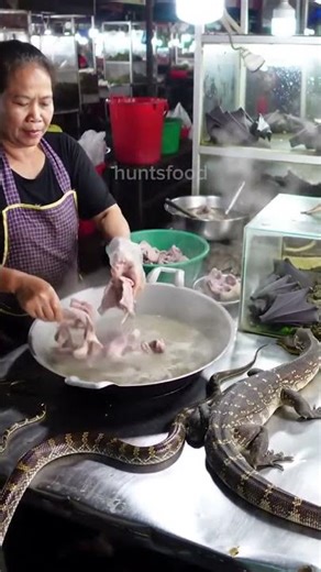 Clean Market Scene! Live Snakes, Lizards & Bats Next to Cooking Pot