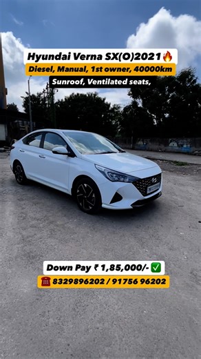 Nilesh Udmale on Instagram: "Hyundai Verna Top Model SX(O) Diesel Manual gear, 1st Owner, 40000km, Running Certified warranty 1 year, Mileage 21+ KMPL 8 Airbags, ABS EBD Mobile charger code less Ventilated seats, Push button start, Infotainment system Navigation voice command iPhone link, WI-FI Web link, Park camera sensor, mirror foldable, keyless entry ✅High speed performance sedan 🚘 ✅Drive like a fun 🤩 ✅The choice of legends Location Pimpri Chinchwad Pune 📍 WhatsApp or call - 9022147693 / 