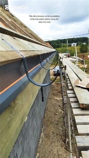 installation of the rain gutter system along the eave of a roof.