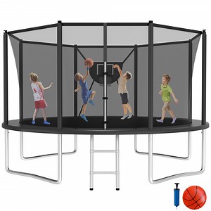 Jump Into Fun Trampoline 12FT 8 10 14 15 16FT Outdoor Trampoline for Kids and Adults with Enclosure and Basketball Hoop, 1200LBS Weight Capacity for 4-5 Adults and Kids, Easy Assembly