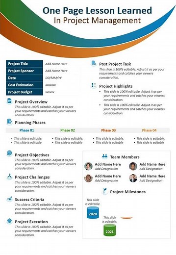 One Page Lesson Learned In Project Management PowerPoint Template | Kridha Graphics