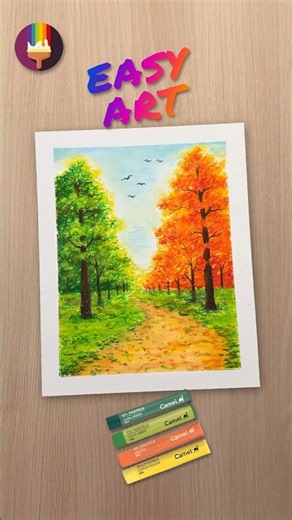 Autumn Forest Road Painting with Oil Pastels #shorts #drawing #art