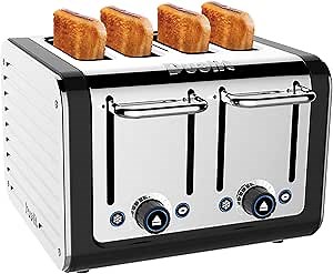 Dualit Design Series 4 Slice Toaster | Polished Stainless Steel with Black Trim | Extra-Wide Slots – Peek and Pop Function – Patented Perfect Toast Technology – Matching Kettle Available
