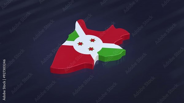 3D map of Burundi rotating on a blue floor. The Burundi map features the country's flag texture, designed with a luma matte effect. 3D rendering