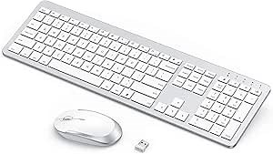 Wireless Keyboard and Mouse - Rechargeable Full Size Flat Keyboard & Mouse Sets with Build-in Lithium Battery, Ultra Thin Quiet Keyboard Mice - Silver and White